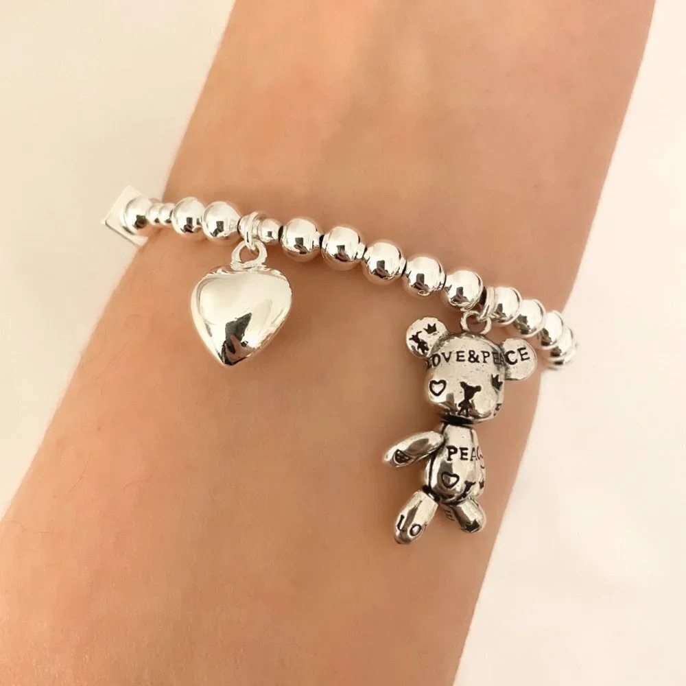 925 Sterling Silver Teddy Bear & Heart Charm Bracelet Dainty Bead Charm Bracelet